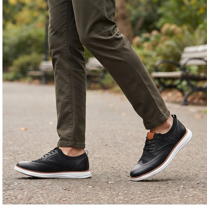 Model wearing Black mesh shoes outdoors