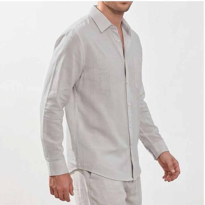 Men's light gray linen button-up shirt.
