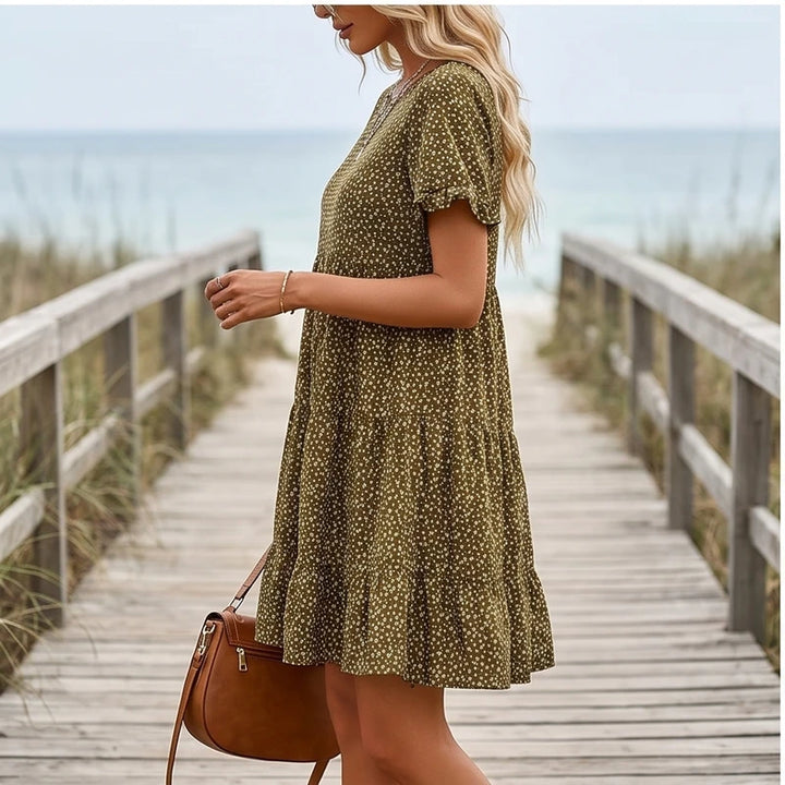 Model wearing Brown Dotted Mini A-Line Sundress with Short Sleeves outdoors - 2