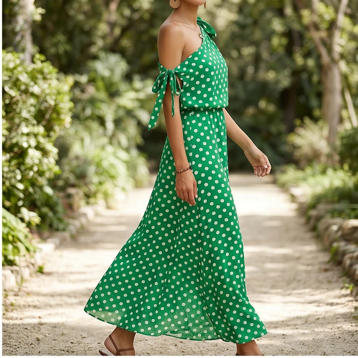 Model wearing Green Sexy Off Shulder Hight Waist Maxi Dress 2026 Fashion Bow Lace-Up Party Dress Elegant Polka Dot Print Sleeveless Long Dress outdoors - 2