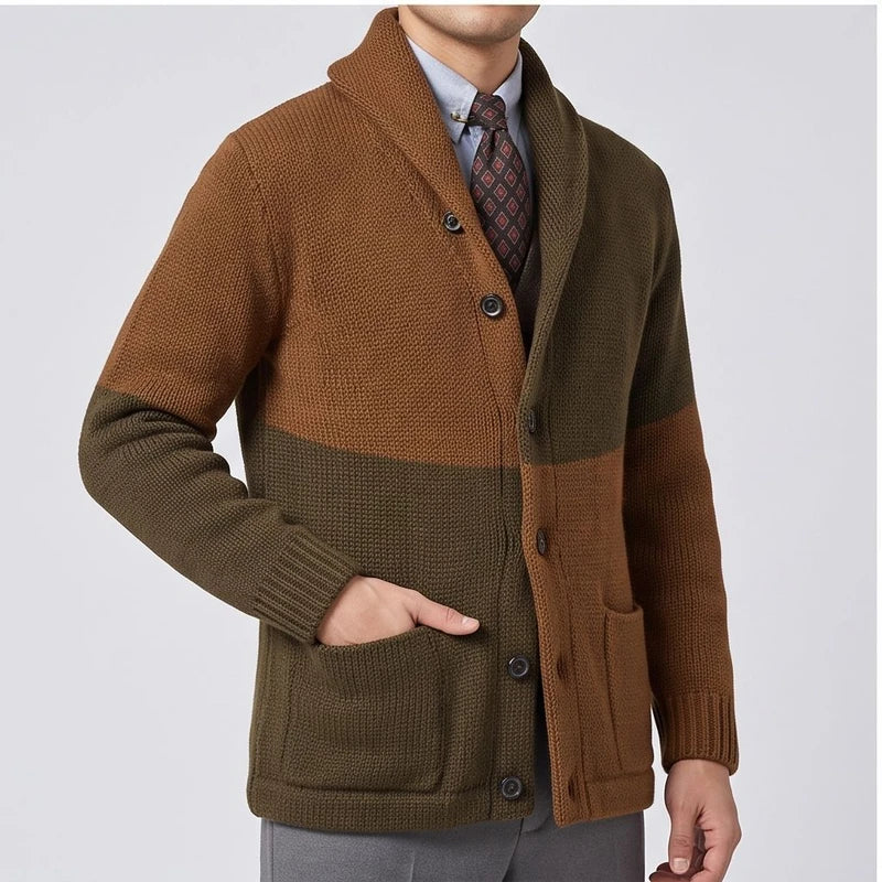 Model wearing Brown knitted cardigan in a studio - 2