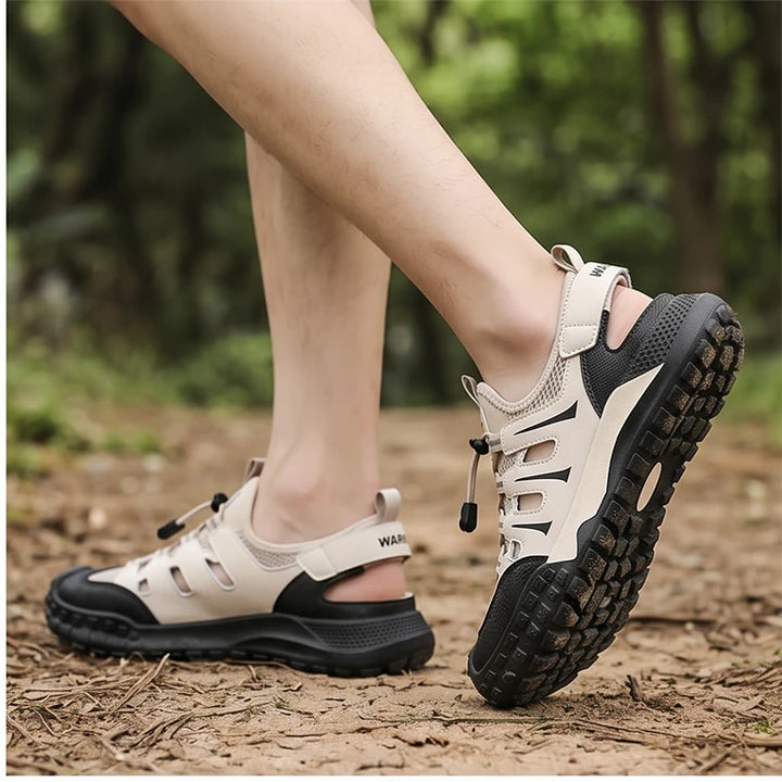 Model wearing Beige 2026Men Beach Breathable Sandals Designer Brand Mesh Hollow-out Casual Shoes Outdoor Lightweight Non Slip Reman Sneakers for Men outdoors - 2