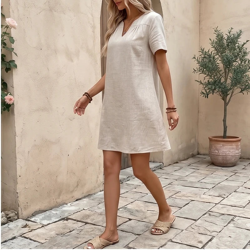 Model wearing Women's Casual Linen V-neck Dress Cotton Clothes Summer Basic Style Mid-waist Knitted Polyester Fabric 2025 Summer Collection Women's Casual Linen V-neck Dress Cotton Clothes Summer Basic Style Mid-waist Knitted Polyester Fabric 2025 Summer Collection outdoors - 2
