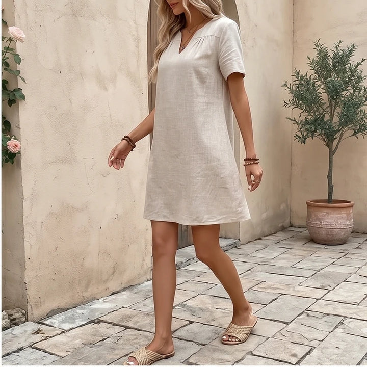 Model wearing Women's Casual Linen V-neck Dress Cotton Clothes Summer Basic Style Mid-waist Knitted Polyester Fabric 2025 Summer Collection Women's Casual Linen V-neck Dress Cotton Clothes Summer Basic Style Mid-waist Knitted Polyester Fabric 2025 Summer Collection outdoors - 2