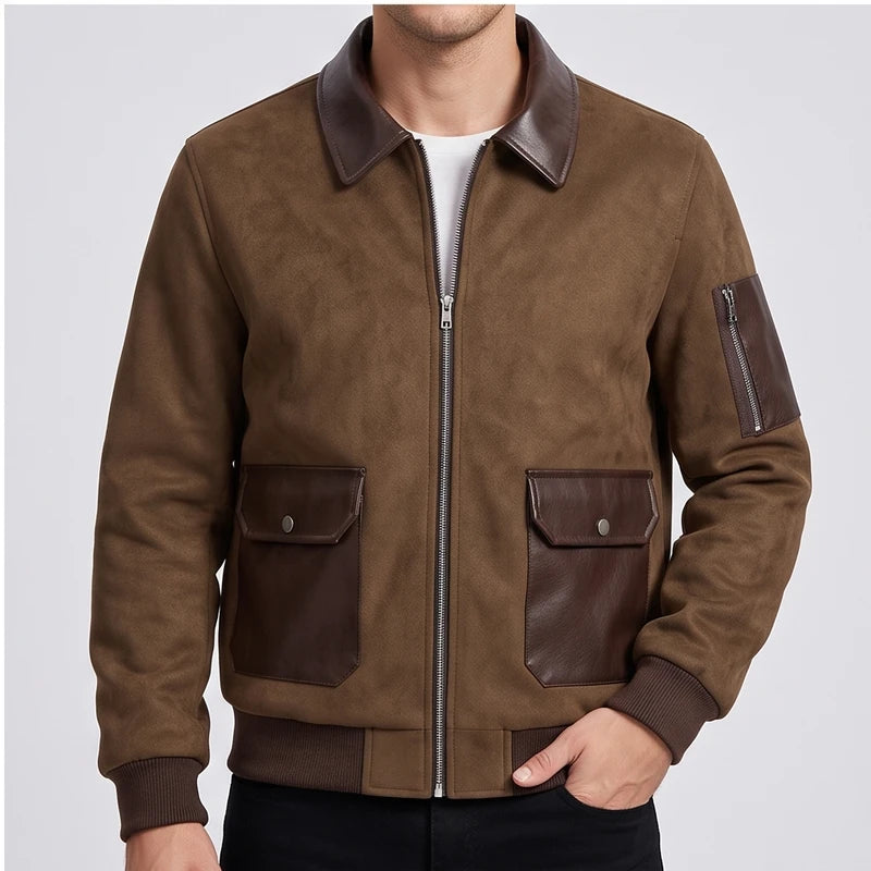 Model wearing Brown suede jacket in a studio - 2