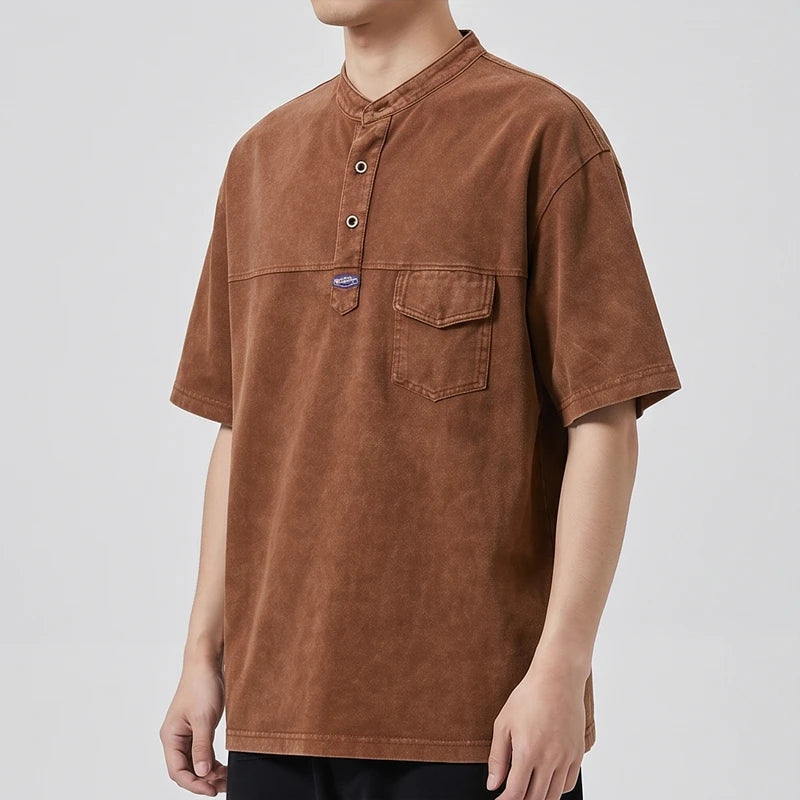 Model wearing Brown Renn Faded Mandarin Collar Shirt in studio - 3