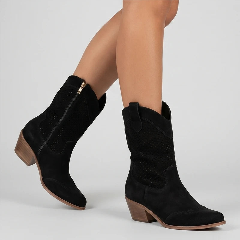Model wearing Black Gideon Suede Western Ankle Boots in studio - 4
