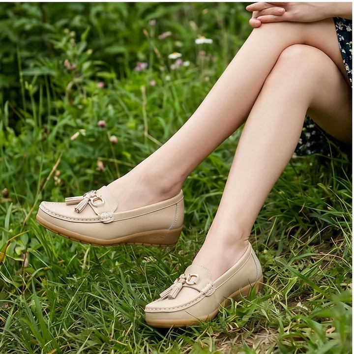 Model wearing Beige01 Shoes for Women Casual White Slip On Loafers Sneakers Woman Soft Low Heels Sports Tennis Woman Casual Sneaker Female Footwear outdoors - 3