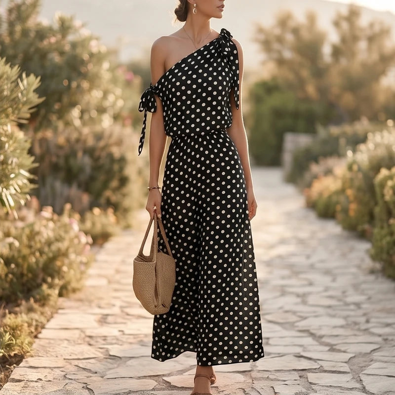 Model wearing Black Sexy Off Shulder Hight Waist Maxi Dress 2026 Fashion Bow Lace-Up Party Dress Elegant Polka Dot Print Sleeveless Long Dress outdoors