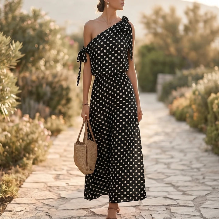 Model wearing Black Sexy Off Shulder Hight Waist Maxi Dress 2026 Fashion Bow Lace-Up Party Dress Elegant Polka Dot Print Sleeveless Long Dress outdoors