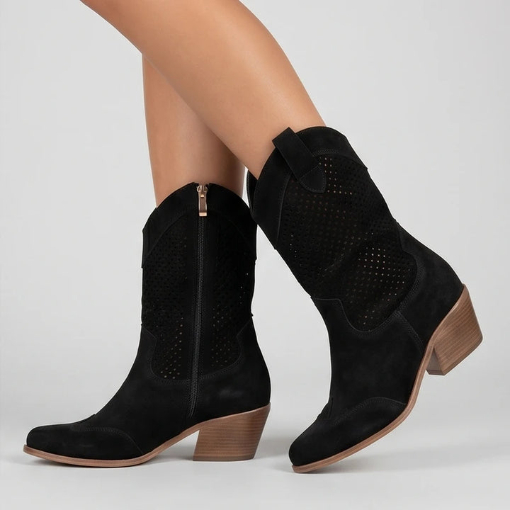 Model wearing Black Gideon Suede Western Ankle Boots in studio - 2