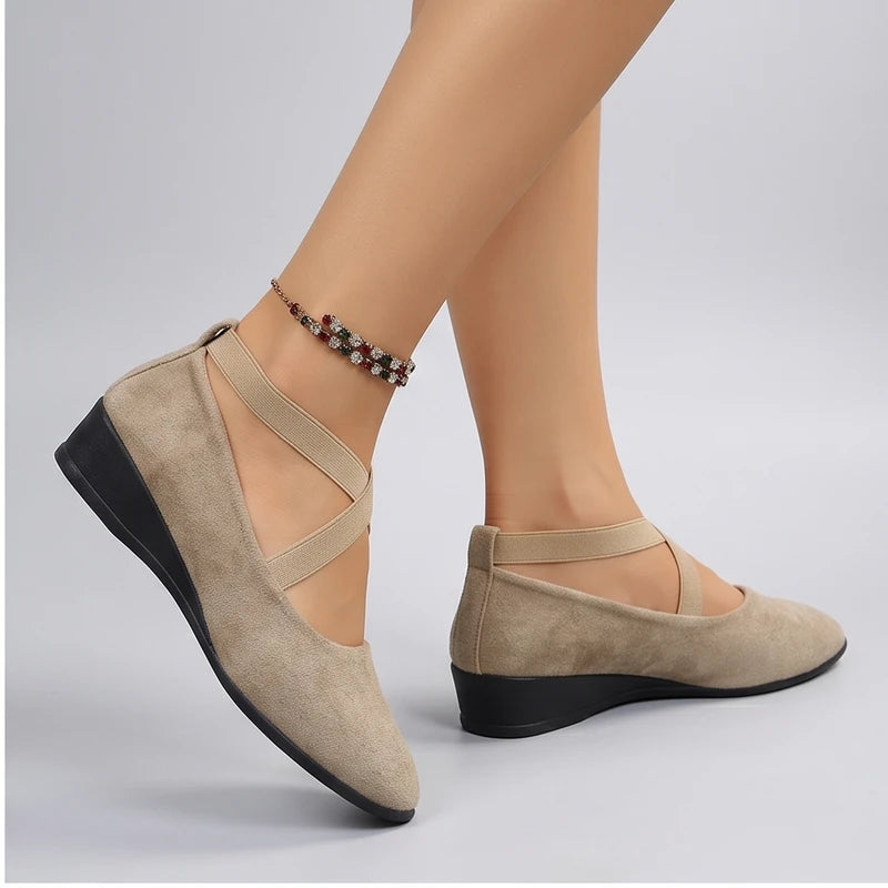 Model wearing Khaki Selene Ballet Criss-Cross Flats in studio - 2