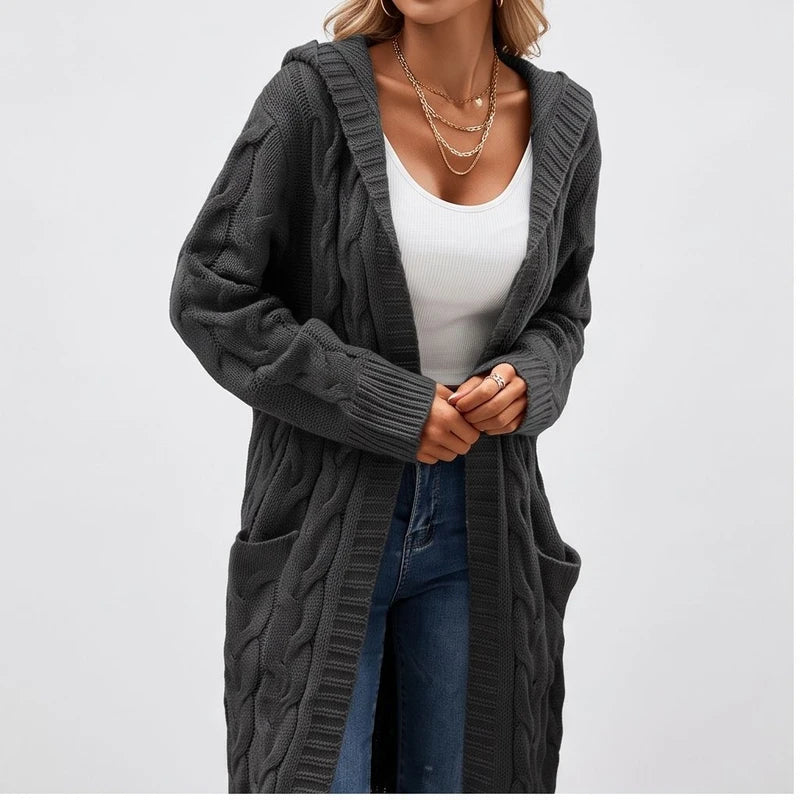 Model wearing F cardigan in a studio