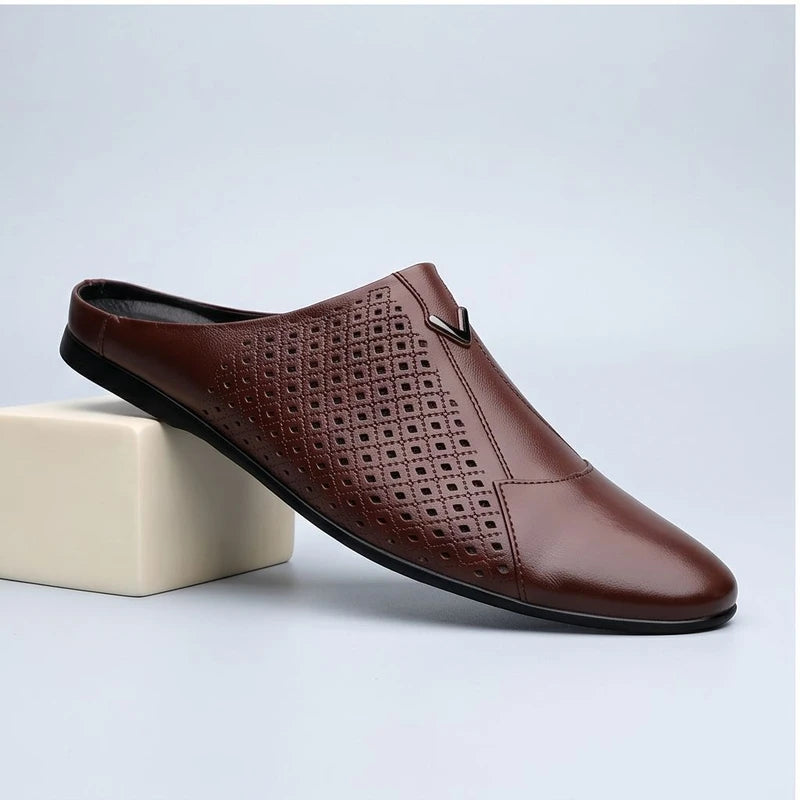 Brown 2 Italian Mens Slippers Genuine Leather Muller Shoes Men Loafers Outdoor Non-slip Black Casual Half Slipper Men Fashion Shoes Man product photo - 3