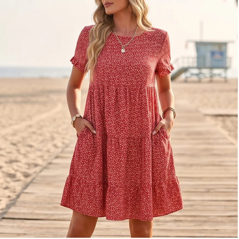 Model wearing Red Dotted Mini A-Line Sundress with Short Sleeves outdoors