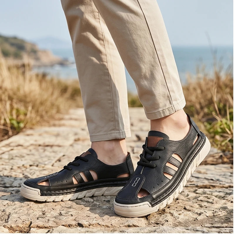 Model wearing Black New Arrival Men Leather Sandals Slip on Beach Shoes Breathable Summer Casual Shoe Light Sandales Non Slip Male Wading Aqua Shoes outdoors