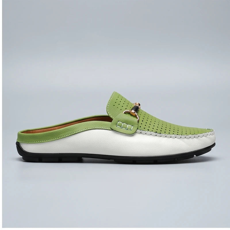 Green leather loafers in a studio background - 2