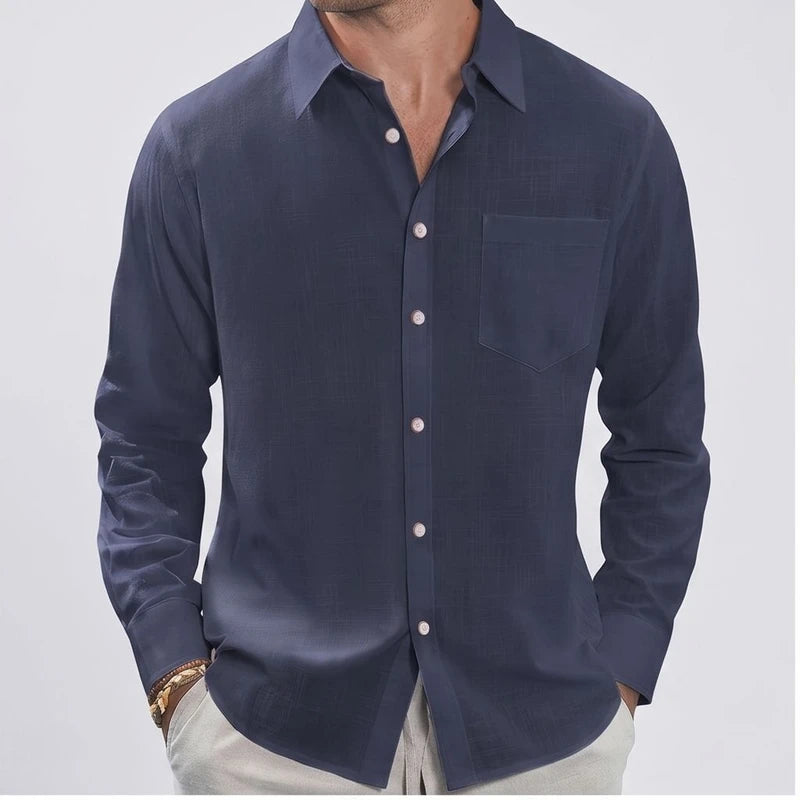 Men's dark blue textured linen button-up shirt with pocket.