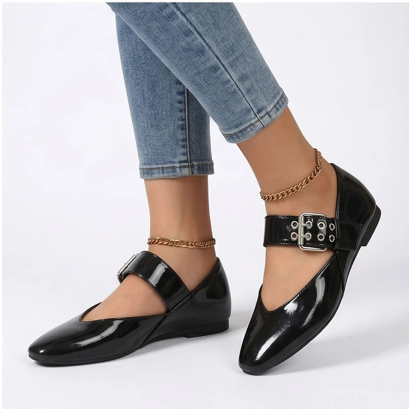 Model wearing Black Larkin Buckle Mary Jane Flats in studio - 3