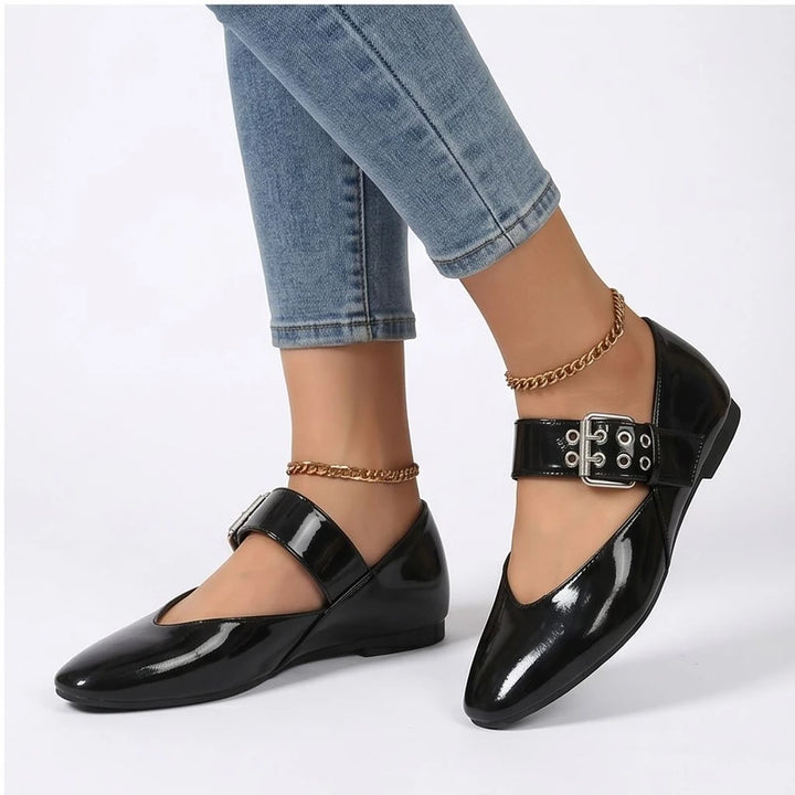 Model wearing Black Larkin Buckle Mary Jane Flats in studio - 3