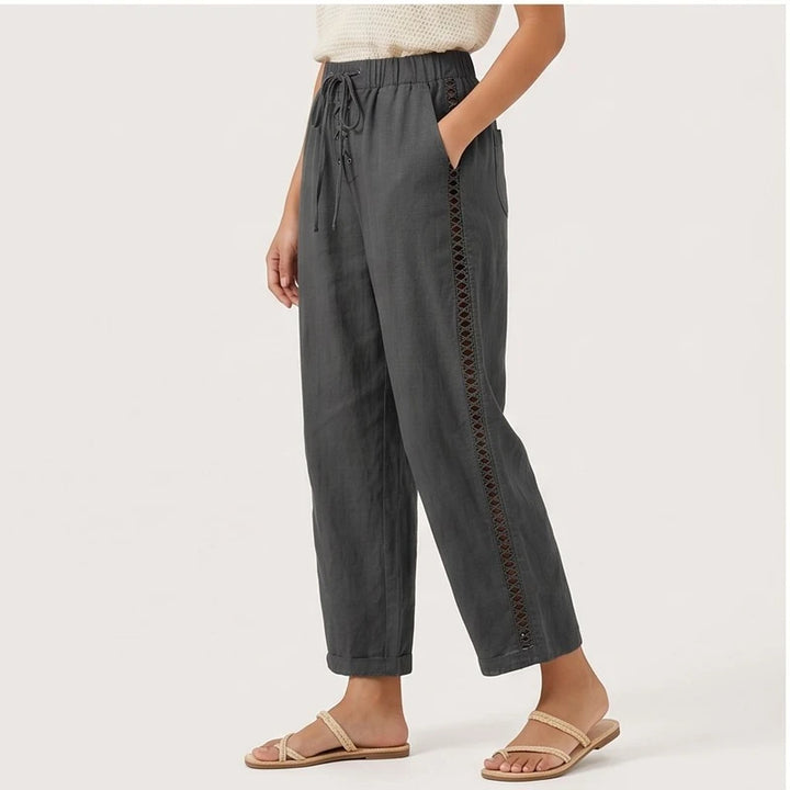 Model wearing Dark Grey Wide Leg Pants Women Casual Straight Ankle Length Trousers High Waist Elastic Waist Lace Up Pockets Slacks 2025 Streetwear in studio - 2