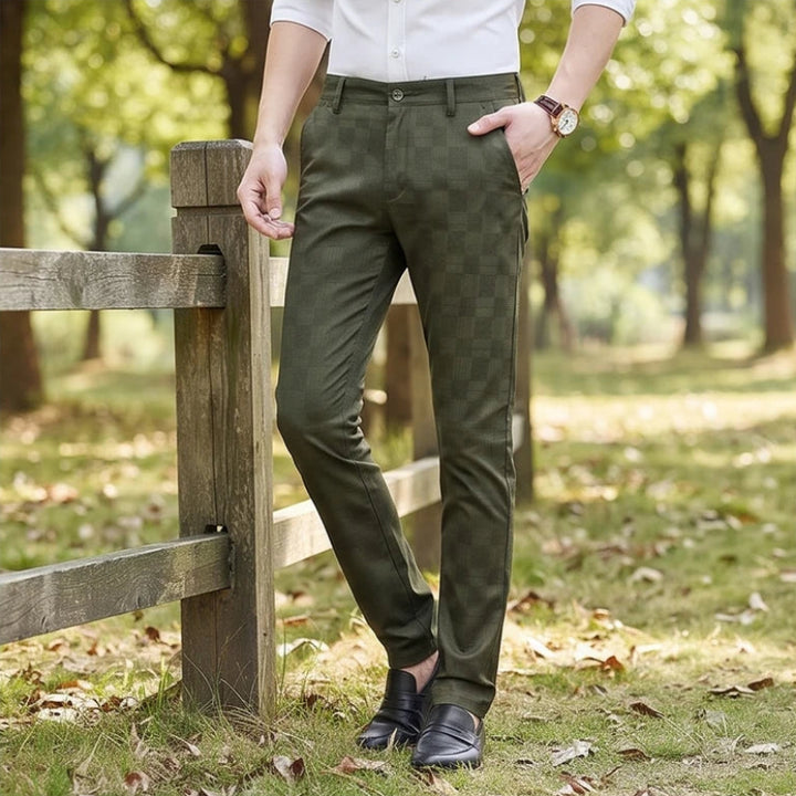 Model wearing Green cotton pants outdoors