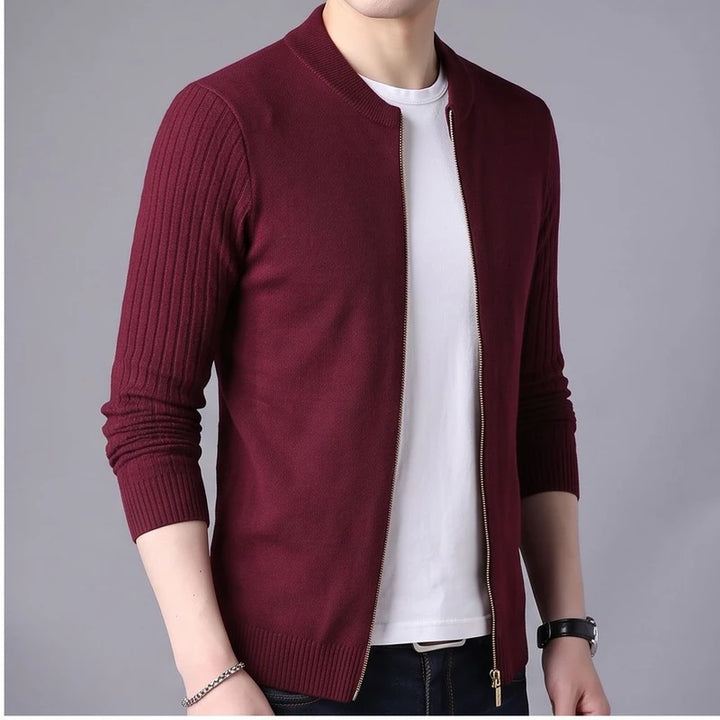 Model wearing Burgundy knit cardigan in a studio - 2