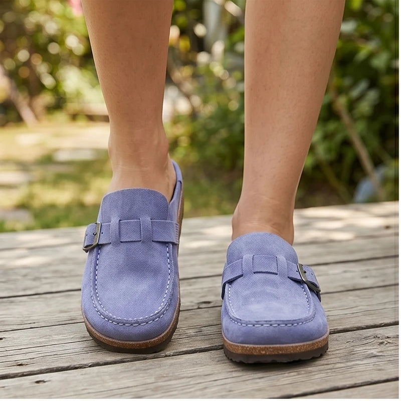 Model wearing Purple 2026 New Women's Shoes Slip on Female Flats Durable Belt Buckles Mules Fashion Wear Resistant Women Half Slippers Retro Zapatos outdoors