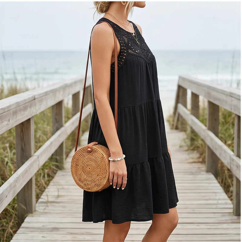 Model wearing Black Azura Cotton Crochet Tiered Dress outdoors - 2