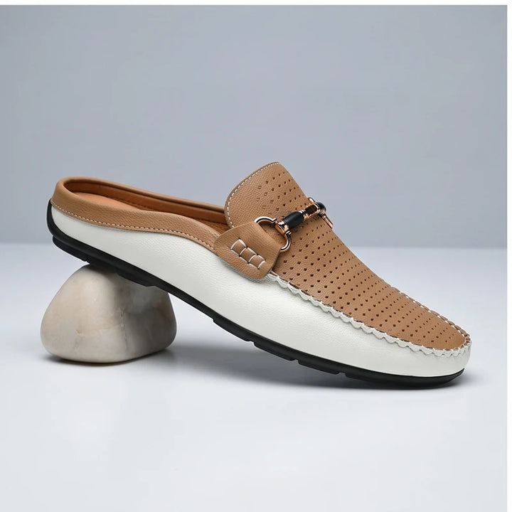 Khaki leather loafers in a studio background - 2