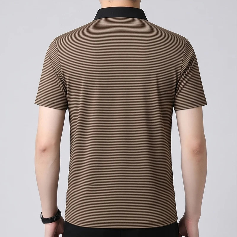 Model wearing Khaki Hollis Striped Polo in studio - 3