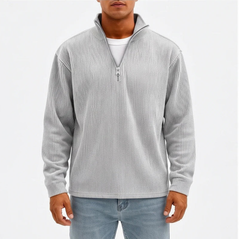 Model wearing Light Gray corduroy pullover in a studio - 2