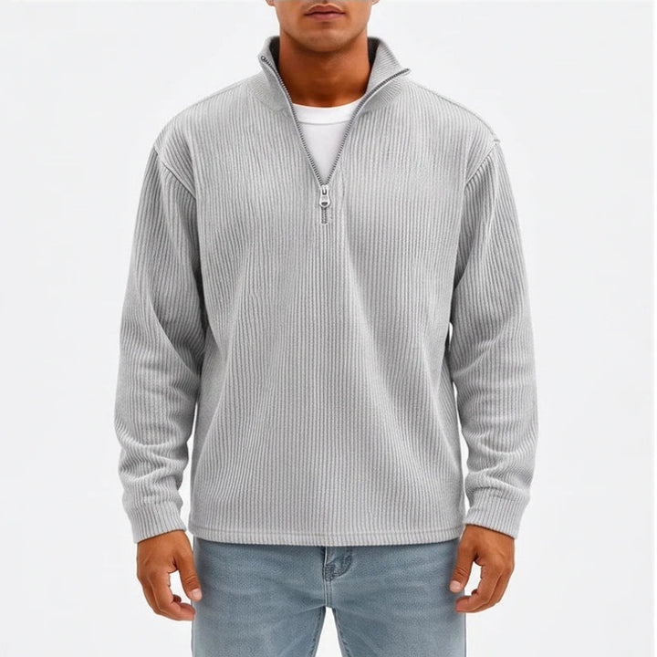 Model wearing Light Gray corduroy pullover in a studio - 2