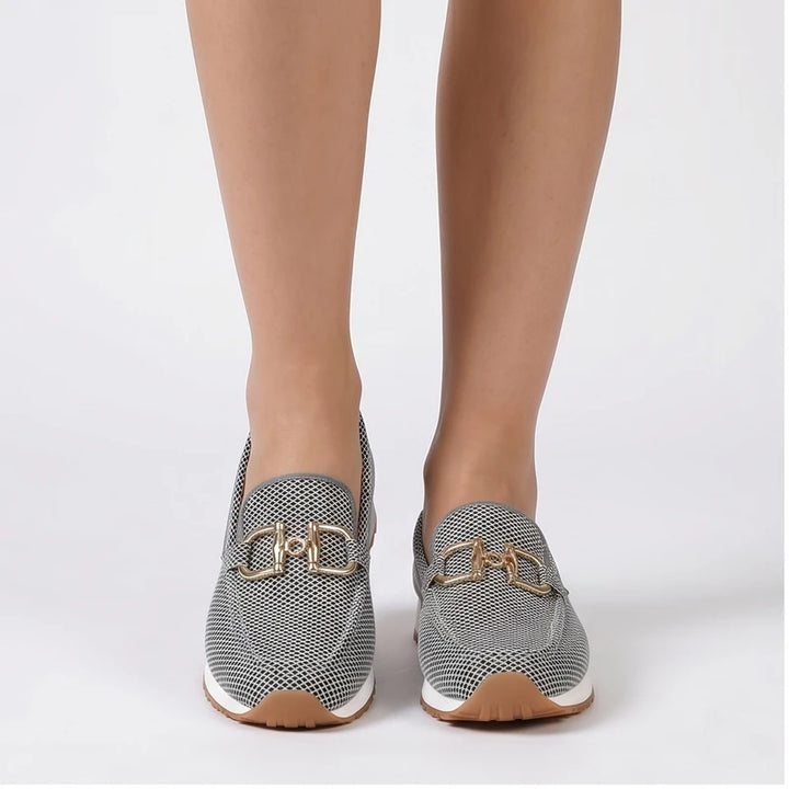 Model wearing Gray knit loafer in a studio