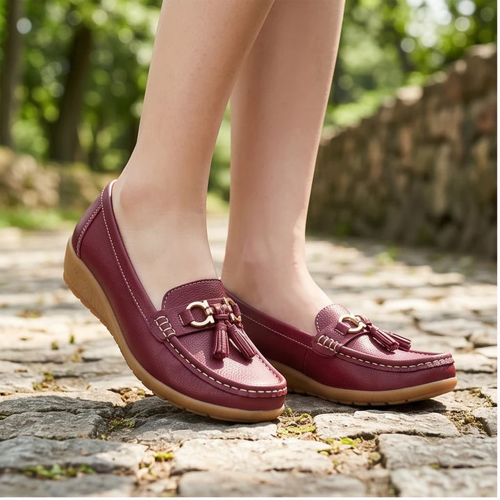 Model wearing WineRed01 Shoes for Women Casual White Slip On Loafers Sneakers Woman Soft Low Heels Sports Tennis Woman Casual Sneaker Female Footwear outdoors