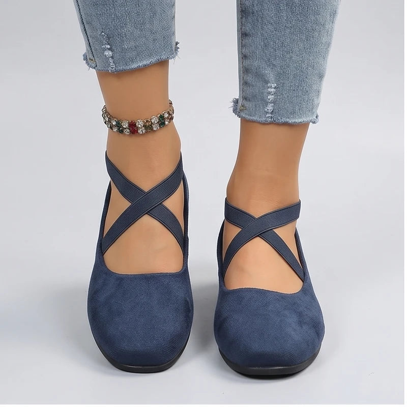 Model wearing Blue Selene Ballet Criss-Cross Flats in studio