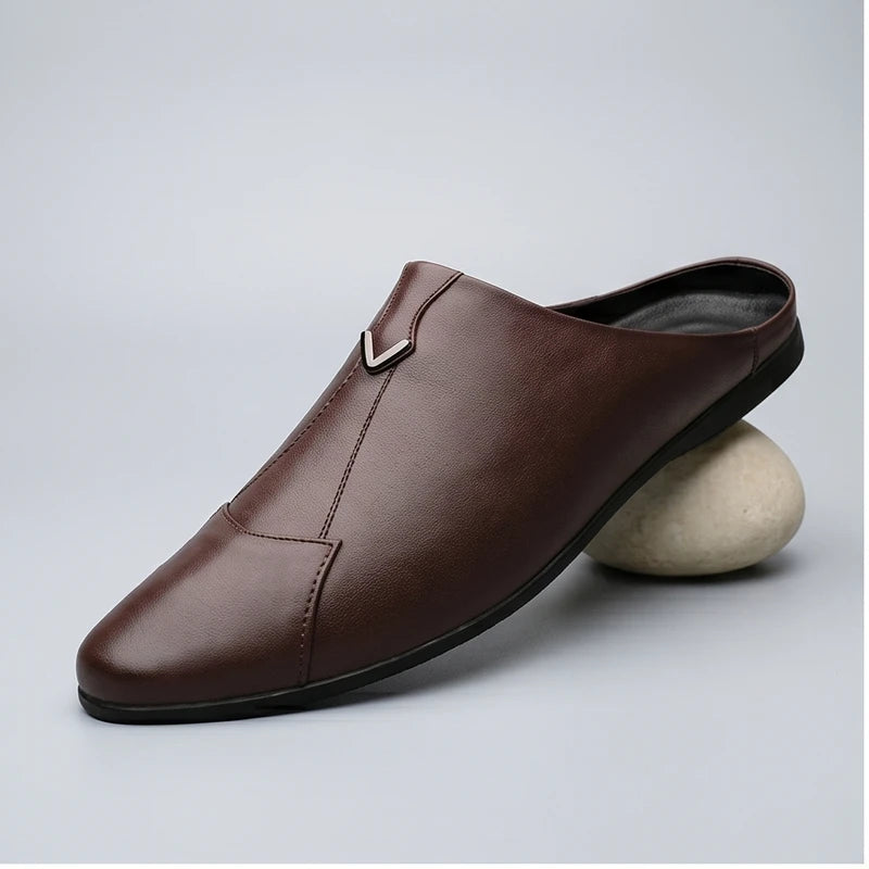 Brown 1 Italian Mens Slippers Genuine Leather Muller Shoes Men Loafers Outdoor Non-slip Black Casual Half Slipper Men Fashion Shoes Man product photo