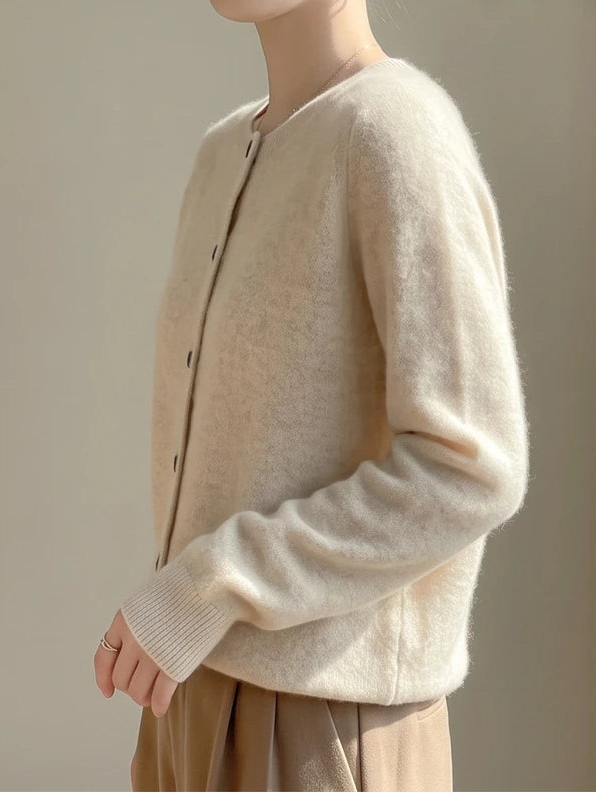 Model wearing Beige wool cardigan in a studio - 2