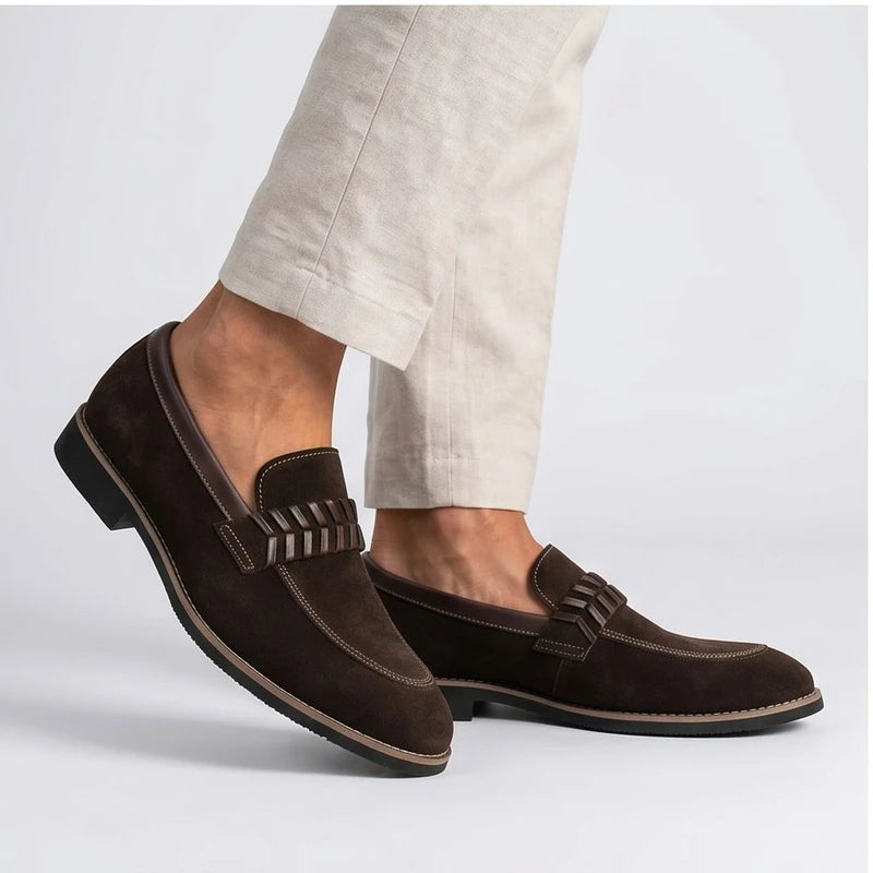 Model wearing Brown Driscoll Suede Penny Loafers [needs new images[ in studio - 3