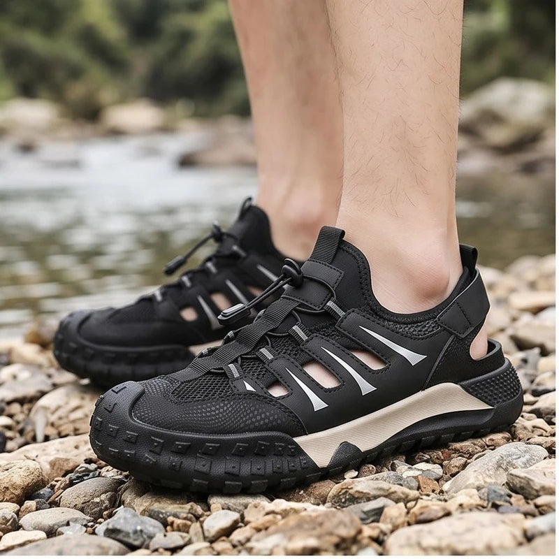 Model wearing Black Colby Mesh Amphibious Sandals outdoors