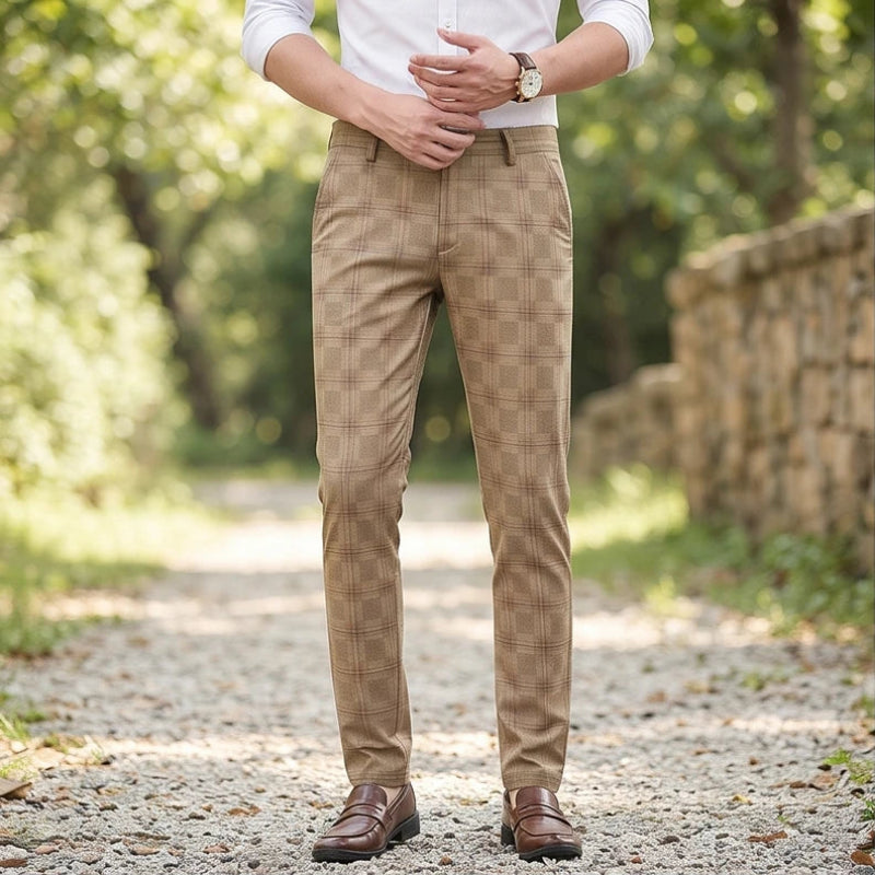 Model wearing Khaki cotton pants outdoors