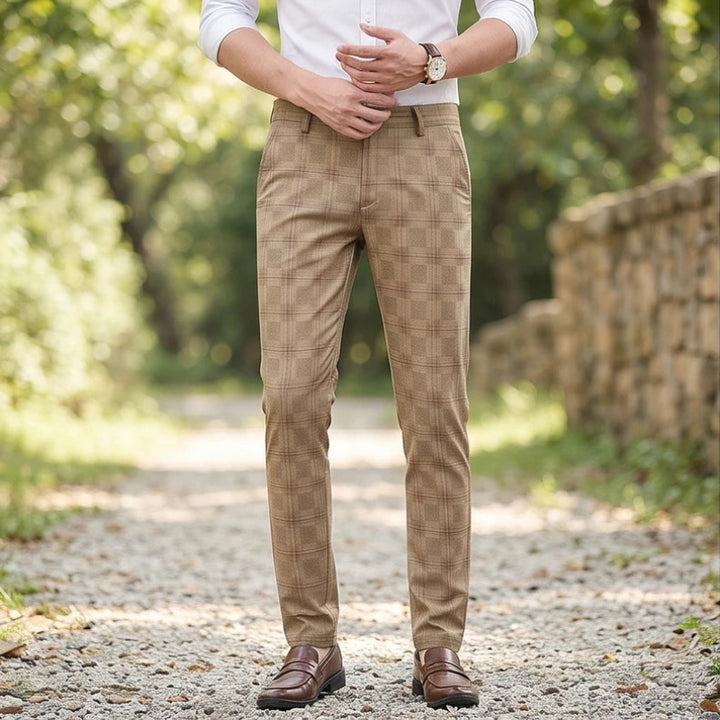 Model wearing Khaki cotton pants outdoors