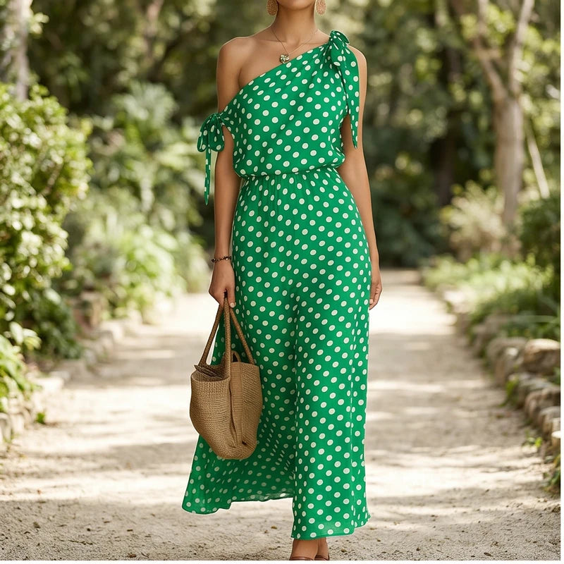 Model wearing Green Sexy Off Shulder Hight Waist Maxi Dress 2026 Fashion Bow Lace-Up Party Dress Elegant Polka Dot Print Sleeveless Long Dress outdoors