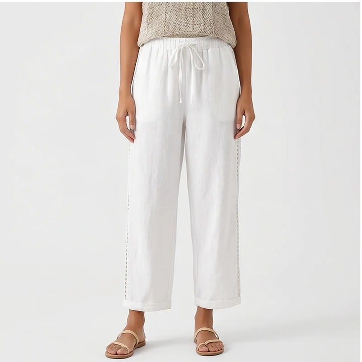 Model wearing WHITE Wide Leg Pants Women Casual Straight Ankle Length Trousers High Waist Elastic Waist Lace Up Pockets Slacks 2025 Streetwear in studio - 2