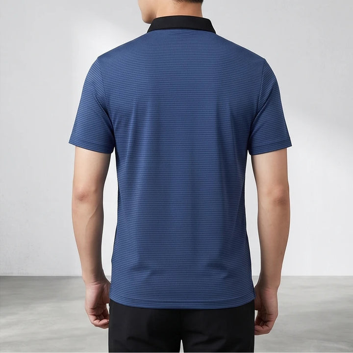 Model wearing Blue Hollis Striped Polo in studio - 2