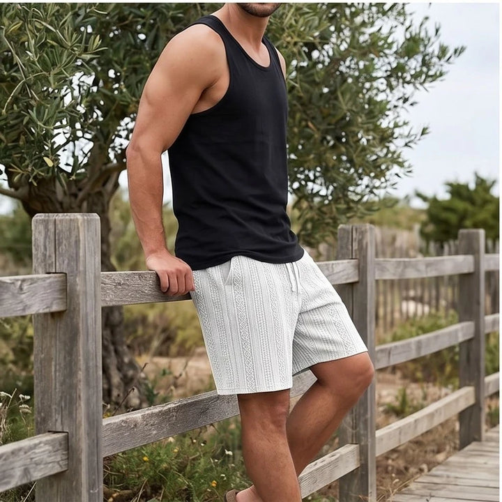 Model wearing White 2026 New Men's Daily Jacquard Textured Fashion Casual Shorts outdoors - 2