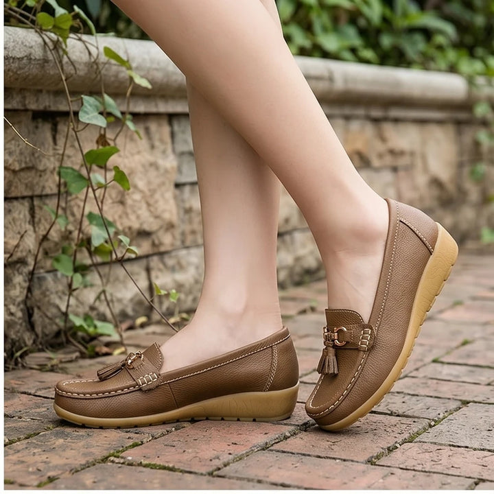 Model wearing Khaki01 Shoes for Women Casual White Slip On Loafers Sneakers Woman Soft Low Heels Sports Tennis Woman Casual Sneaker Female Footwear outdoors - 2