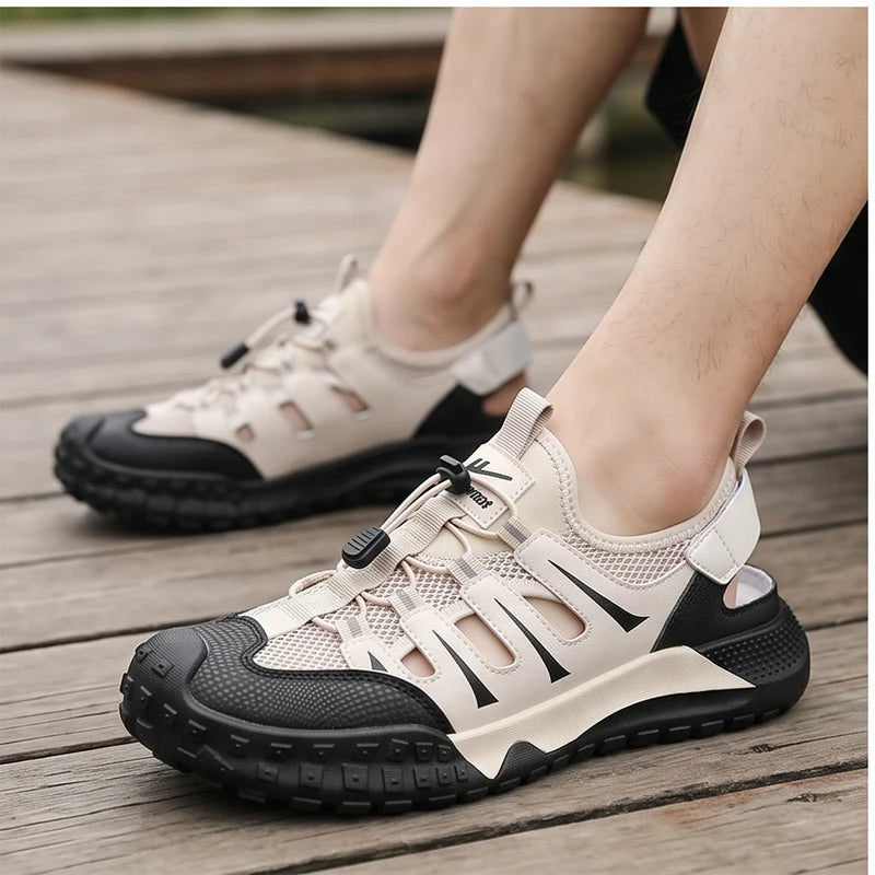 Model wearing Beige 2026Men Beach Breathable Sandals Designer Brand Mesh Hollow-out Casual Shoes Outdoor Lightweight Non Slip Reman Sneakers for Men outdoors - 3