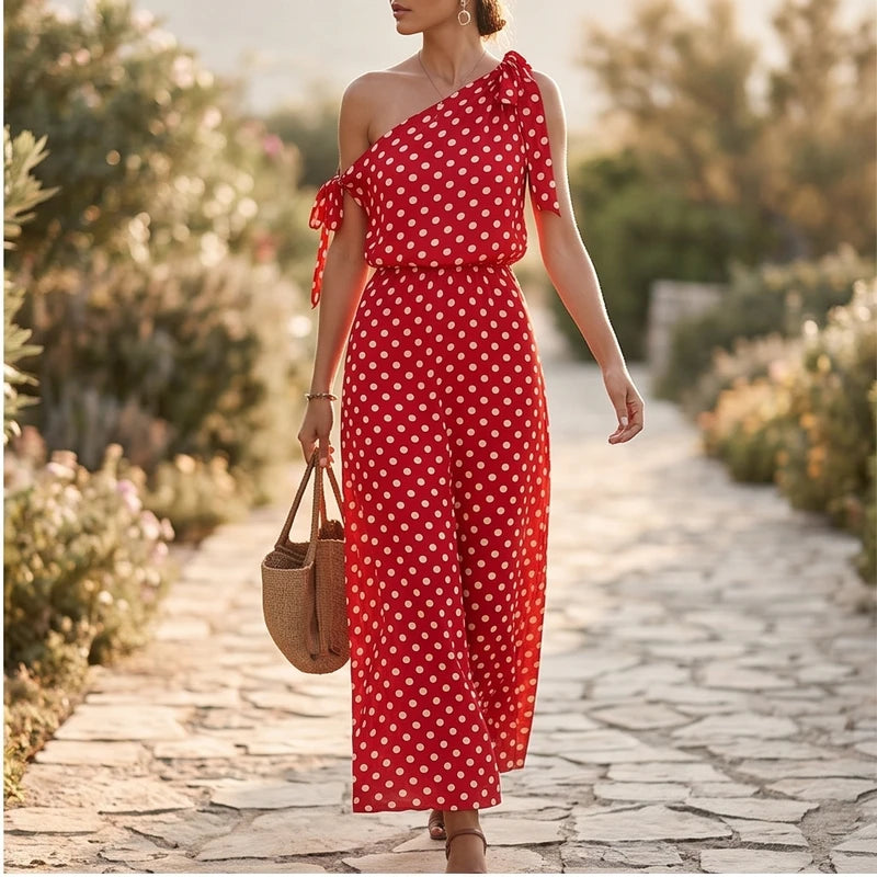 Model wearing Red Sexy Off Shulder Hight Waist Maxi Dress 2026 Fashion Bow Lace-Up Party Dress Elegant Polka Dot Print Sleeveless Long Dress outdoors