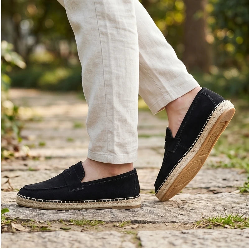 Model wearing Navy blue Men's Jute Espadrilles Slip on Loafers Cow Suede Leather Casual Shoes outdoors - 2